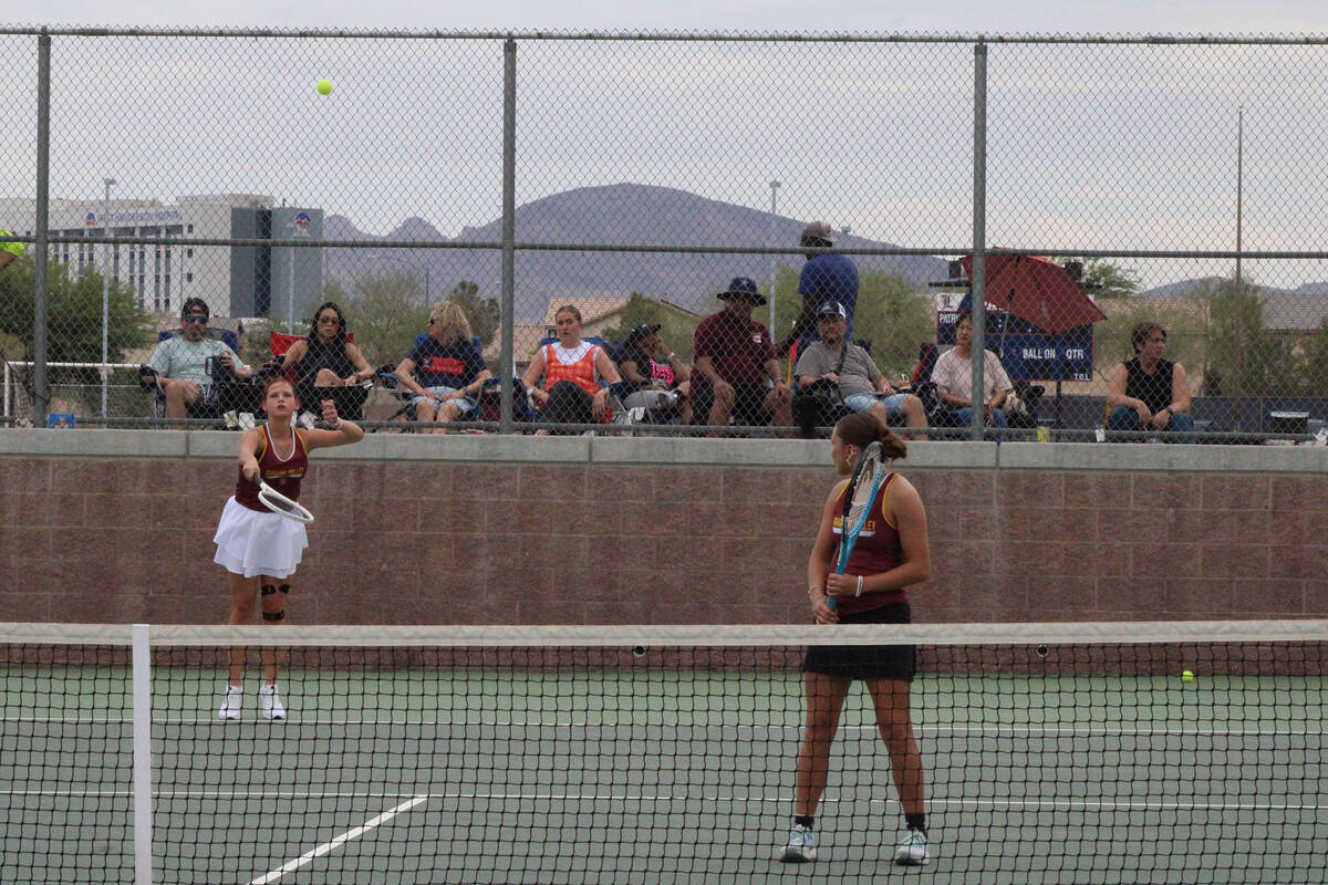 Pahrump Valley High School tennis freshman Aurora Bachli (left) and sophomore Aurora Bowers (ri ...