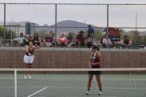 Pahrump Valley High School tennis freshman Aurora Bachli (left) and sophomore Aurora Bowers (ri ...