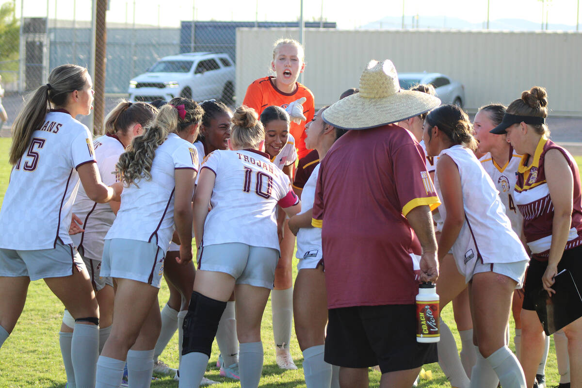 The Pahrump Valley High School girls soccer team get hyped up in pre-game before facing rivals ...