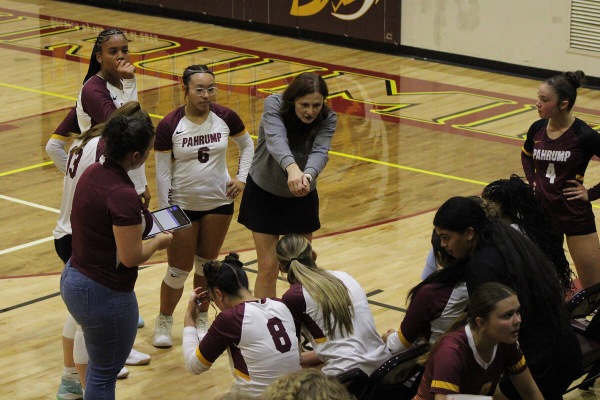 Pahrump Valley High School volleyball varsity head coach Amber Lugo gives direct instructions t ...
