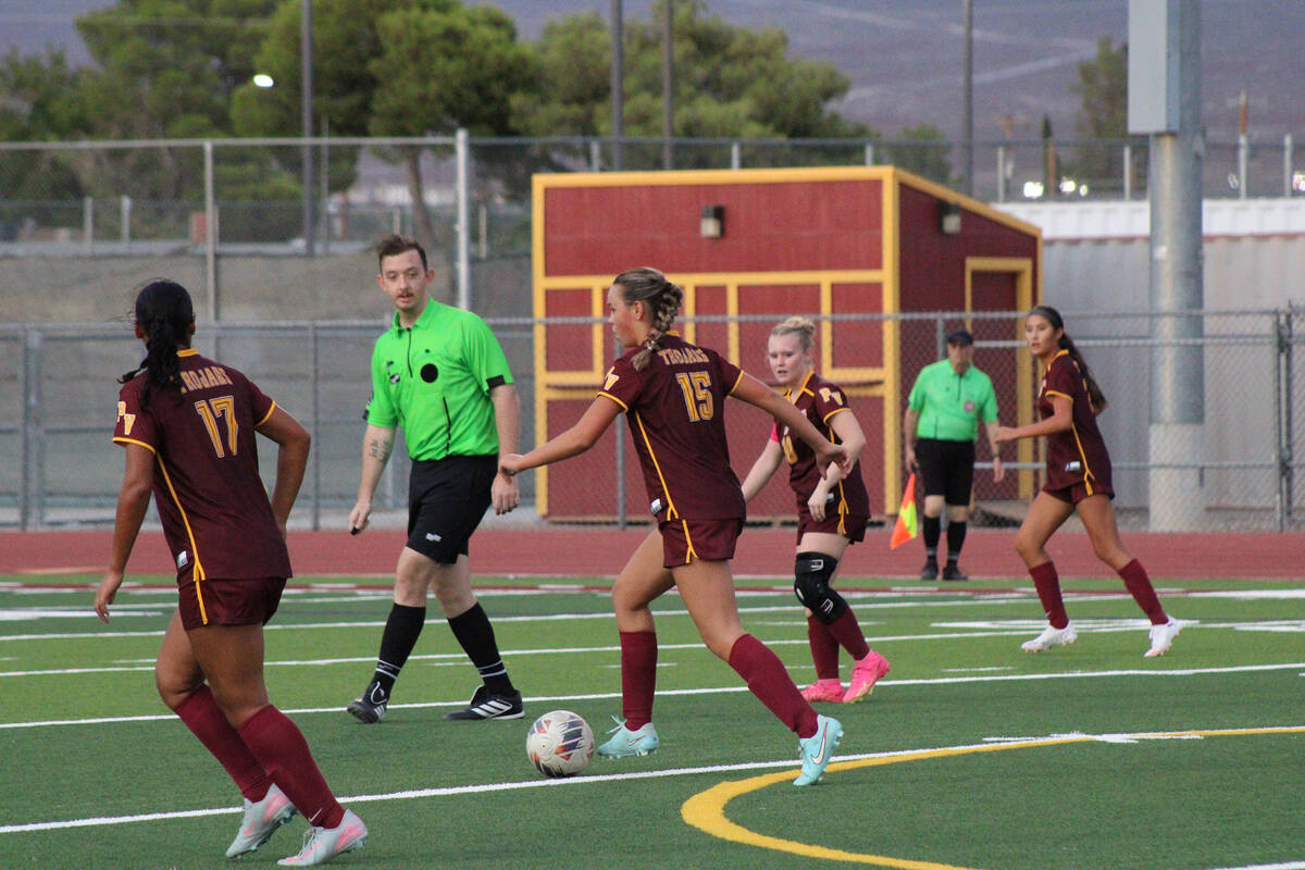 Pahrump Valley High School sophomore Cindal Monahan takes the ball up past midfield in a home l ...