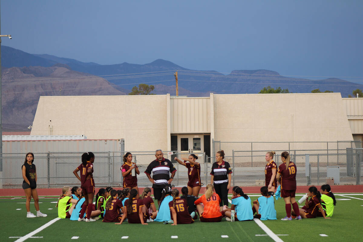 Pahrump Valley High School senior co-captain Natalia Vallin leads a post-game speech to the tea ...