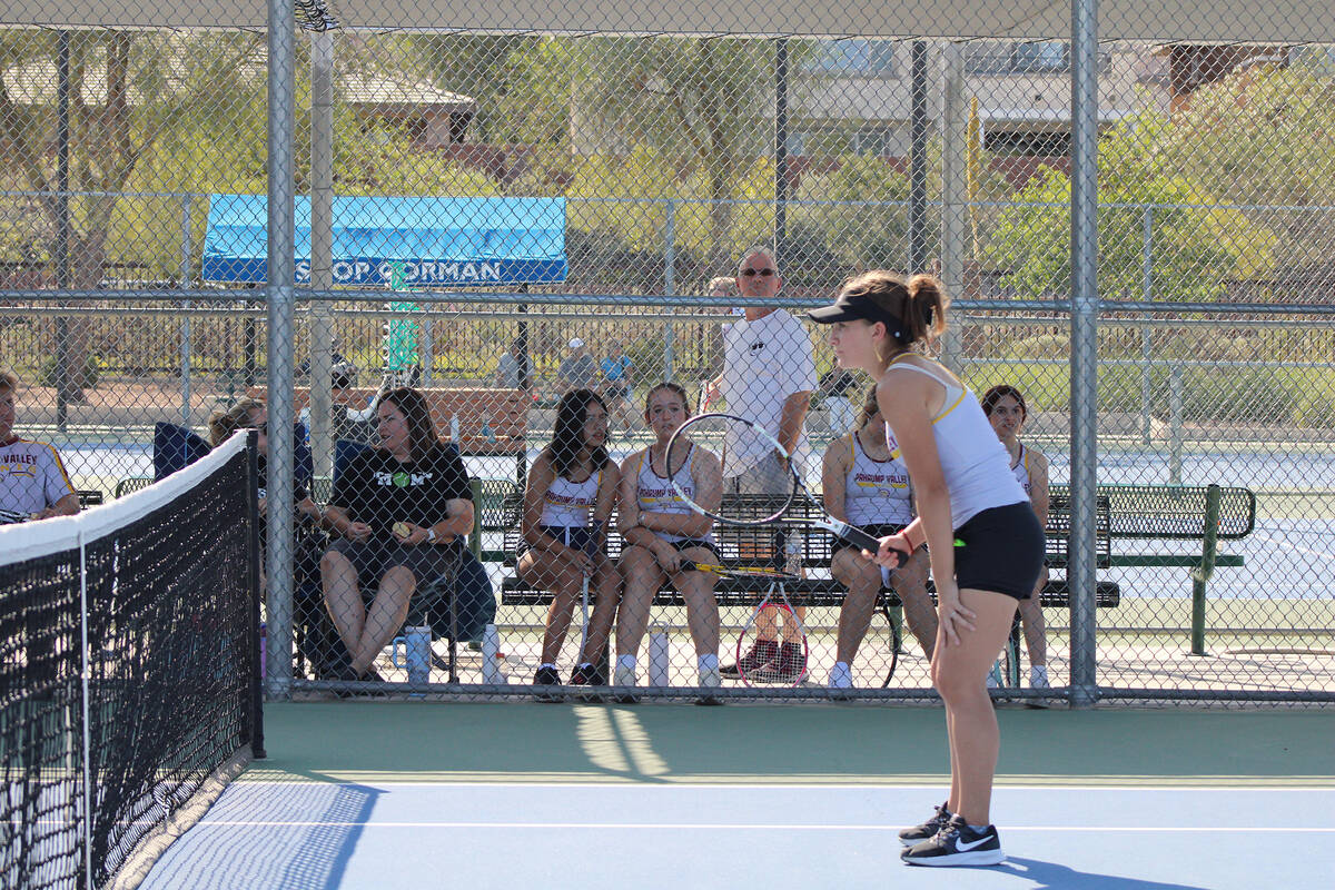 Pahrump Valley High School tennis junior Layla Burnell locks in during her doubles match with L ...
