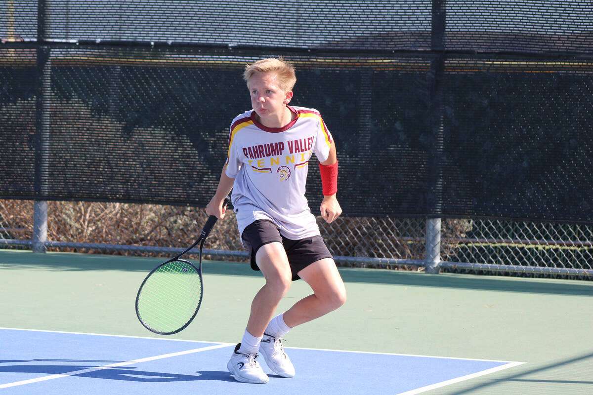Pahrump Valley High School Tennis player sophomore Ethan Johnson battled hard and came out on t ...