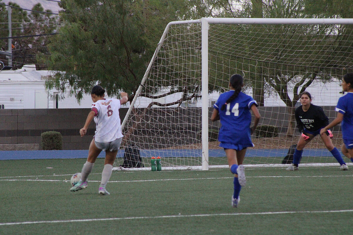 Pahrump Valley High School senior captain Natalia Vallin scores her first goal of the match aga ...