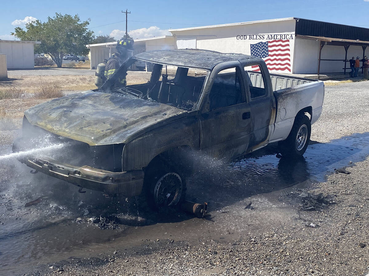 A pickup truck fully engulfed with flames was found upon fire crew arrival. There were no immed ...