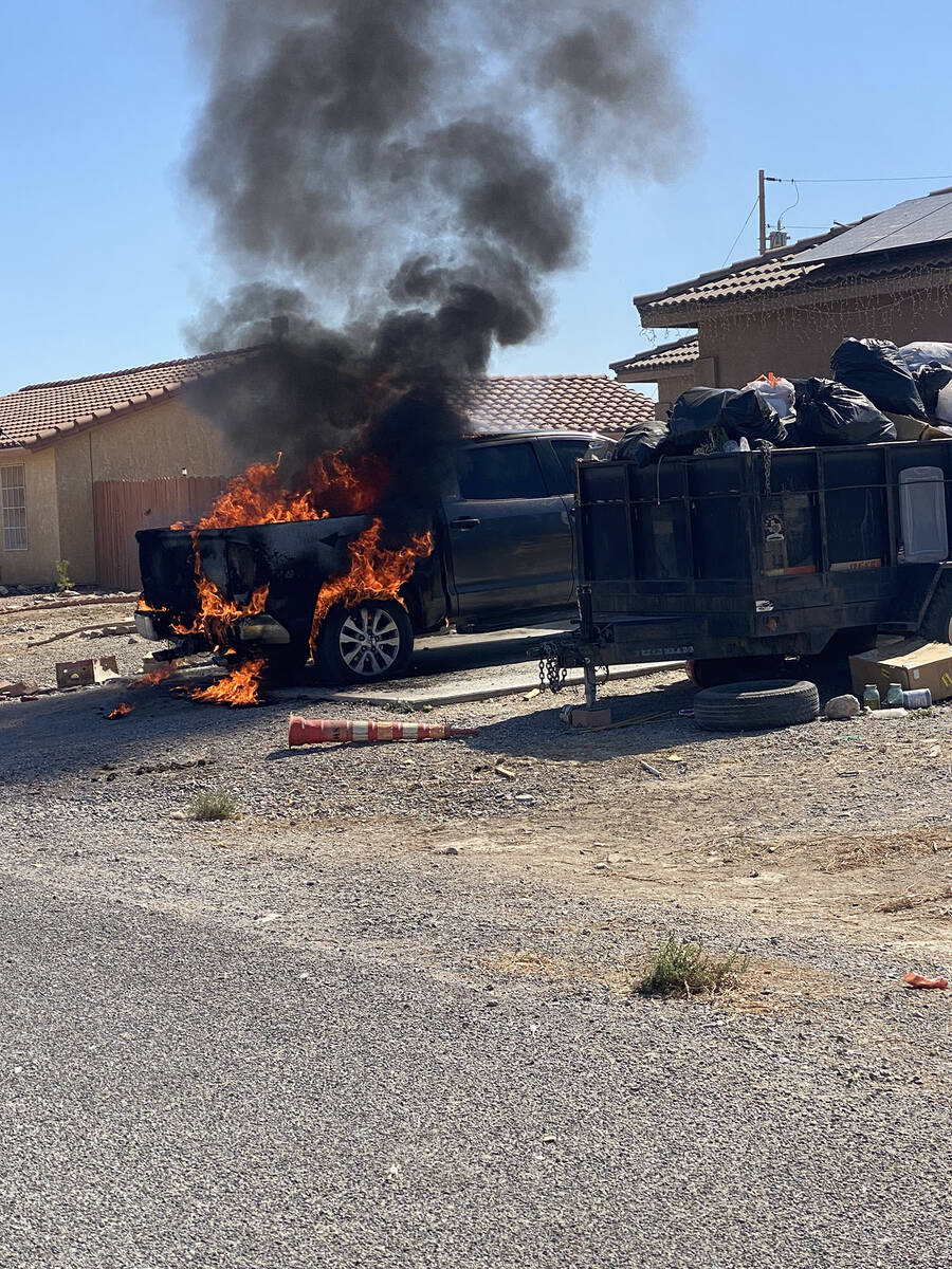 When crews arrived at the scene, they found a pickup truck that was mostly overrun by flames. T ...