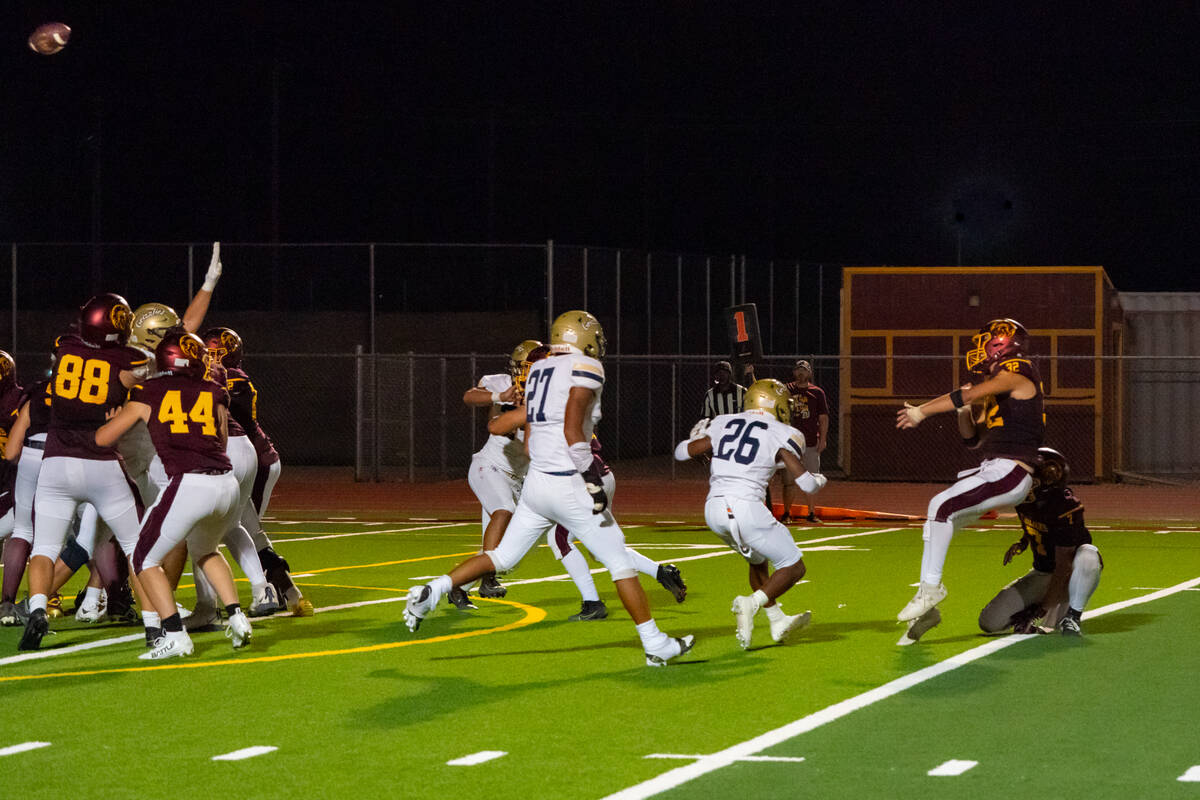 Pahrump Valley High School senior RB/LB/K Joshua Slusher converts a 33-yard field goal to give ...