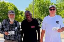 Nevada State Horseshoe Pitching Association pitchers Lawrence Workman (left), Sam Godbouldt (mi ...