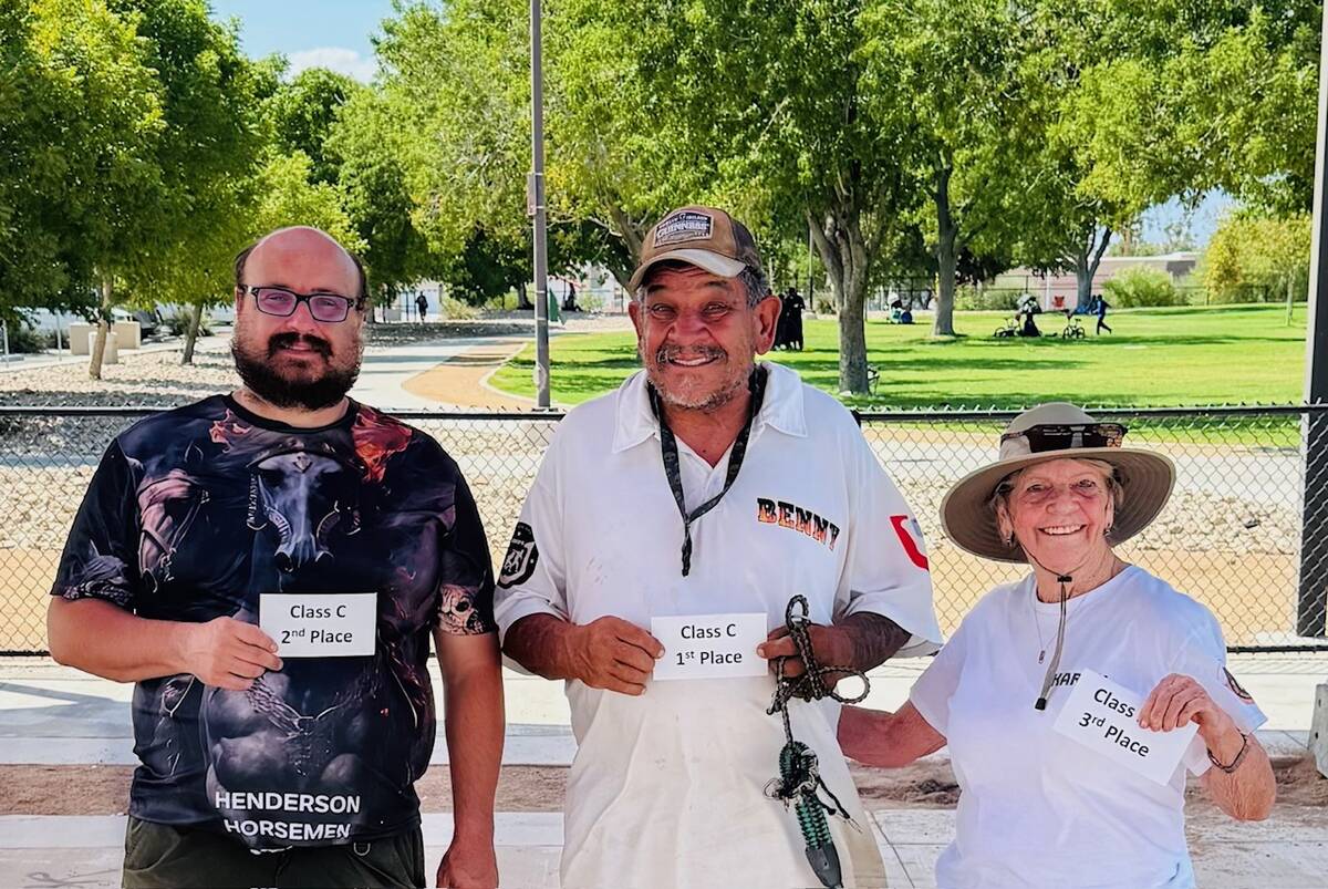 Nevada State Horseshoe Pitching Association pitchers Mikey Workman (left), Benny Sanchez (middl ...