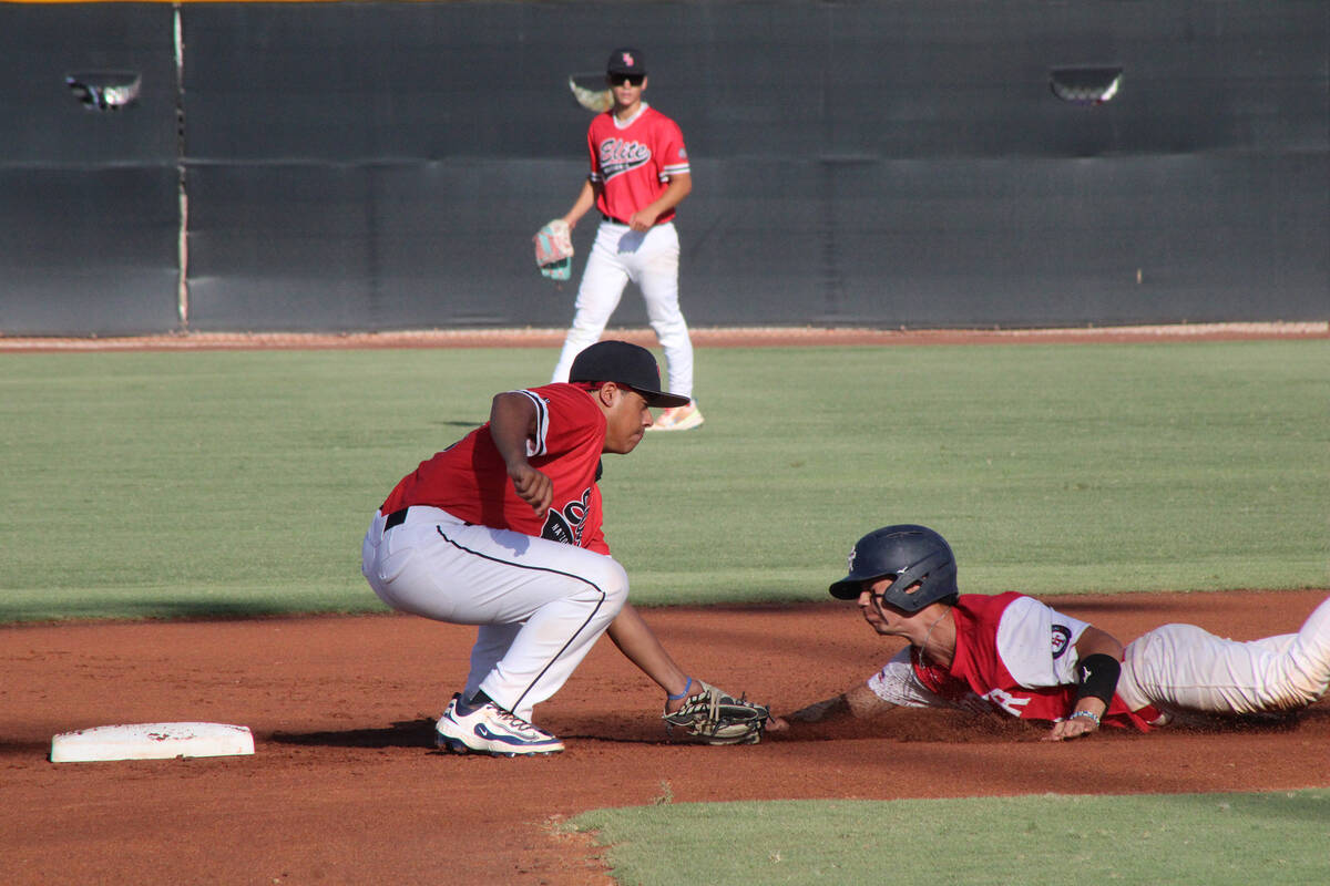 Pahrump Valley High School class of 2027 shortstop Tony Whitney avoids a tag during the Perfect ...