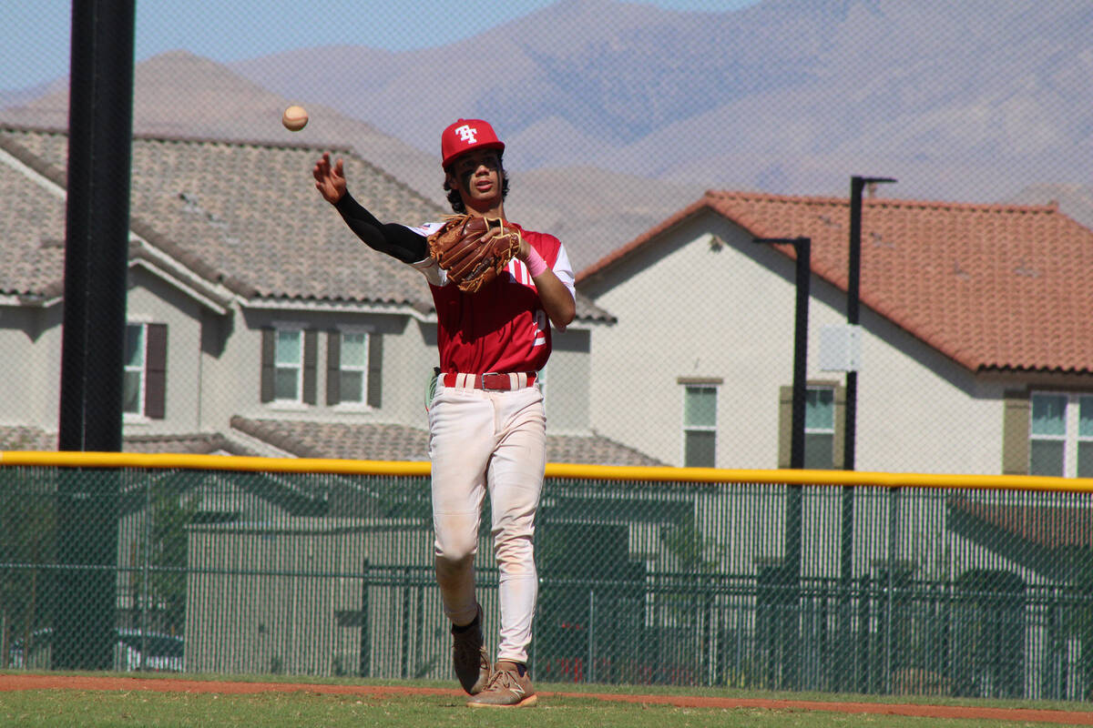 Pahrump Valley High School class of 2027 shortstop Tony Whitney makes the play at shortstop in ...