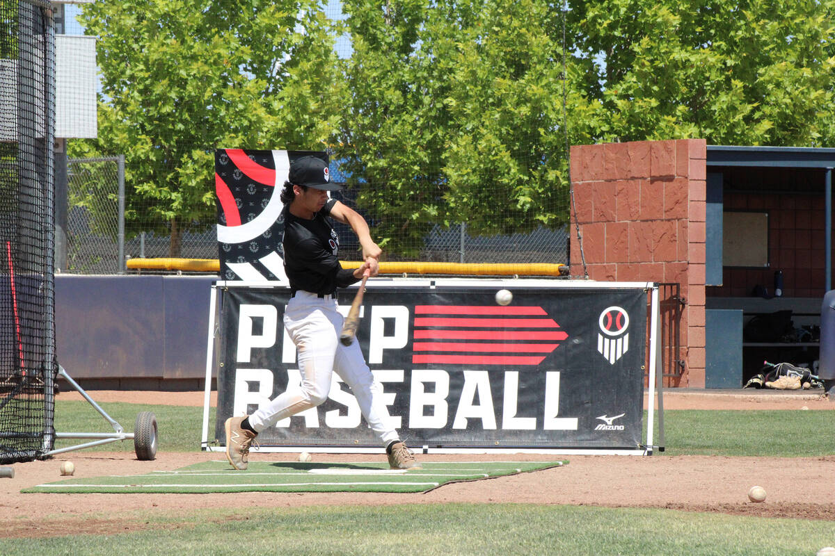 Pahrump Valley High School class of 2027 shortstop Tony Whitney puts the barrel on the ball dur ...