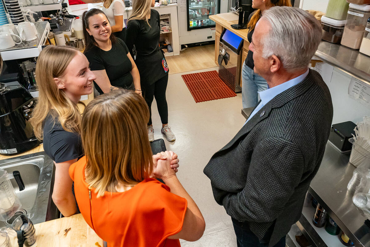 Nevada Gov. Joe Lombardo speaks with the staff of Our Place Coffee during Monday's meet-and-gre ...
