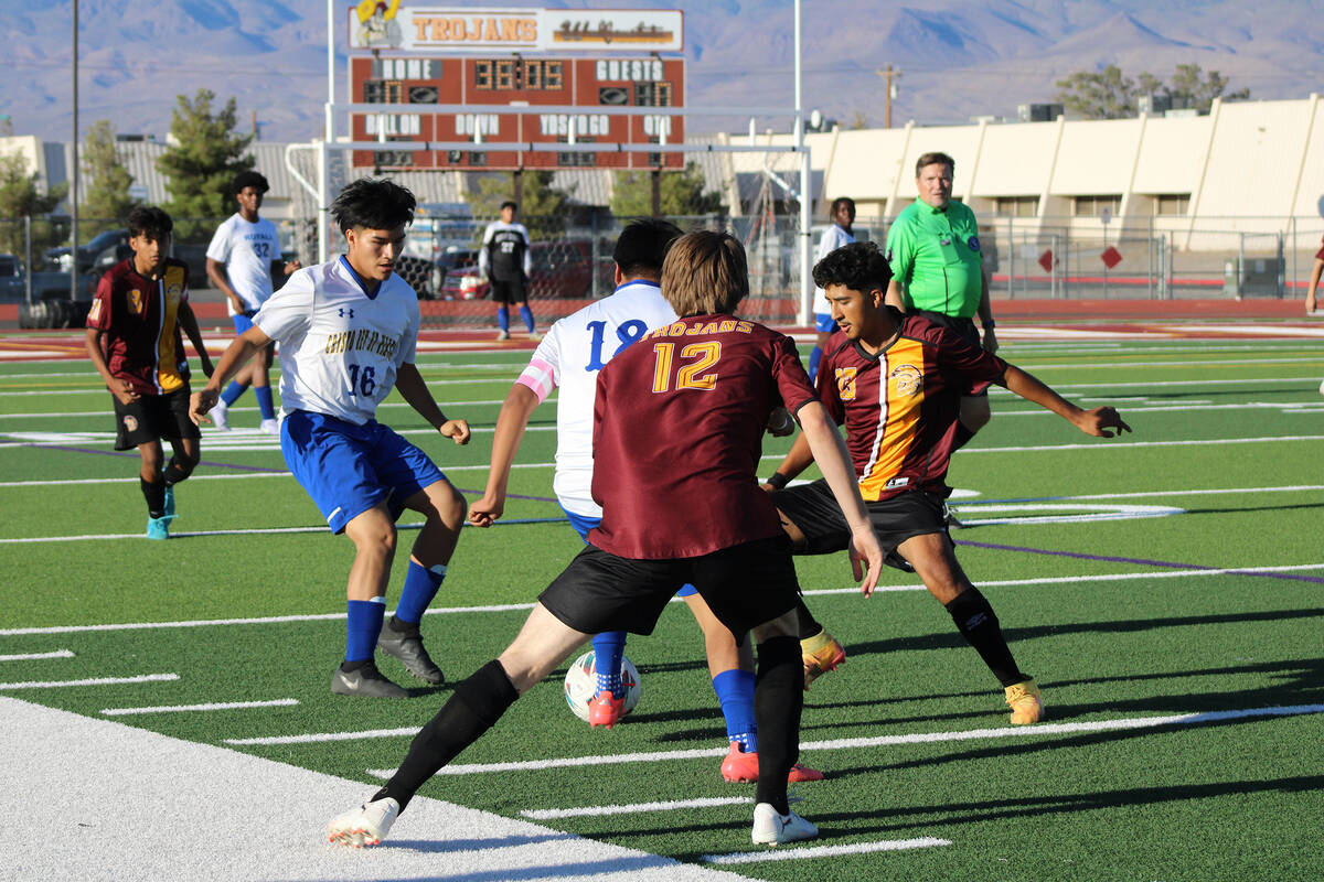Pahrump Valley High School boys soccer defenders senior James Wilson and senior Favyan Sida tra ...