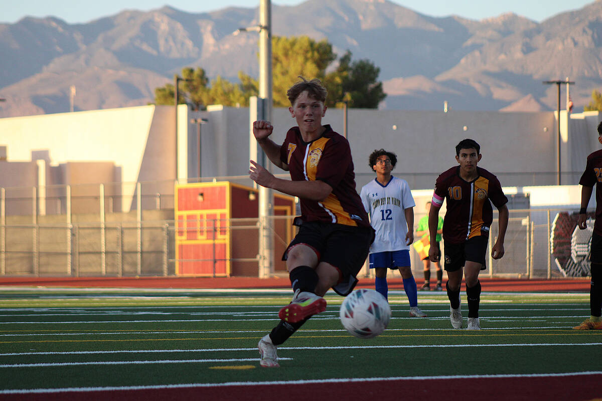 Pahrump Valley High School junior midfielder TC Hone was able to take advantage of a penalty ki ...