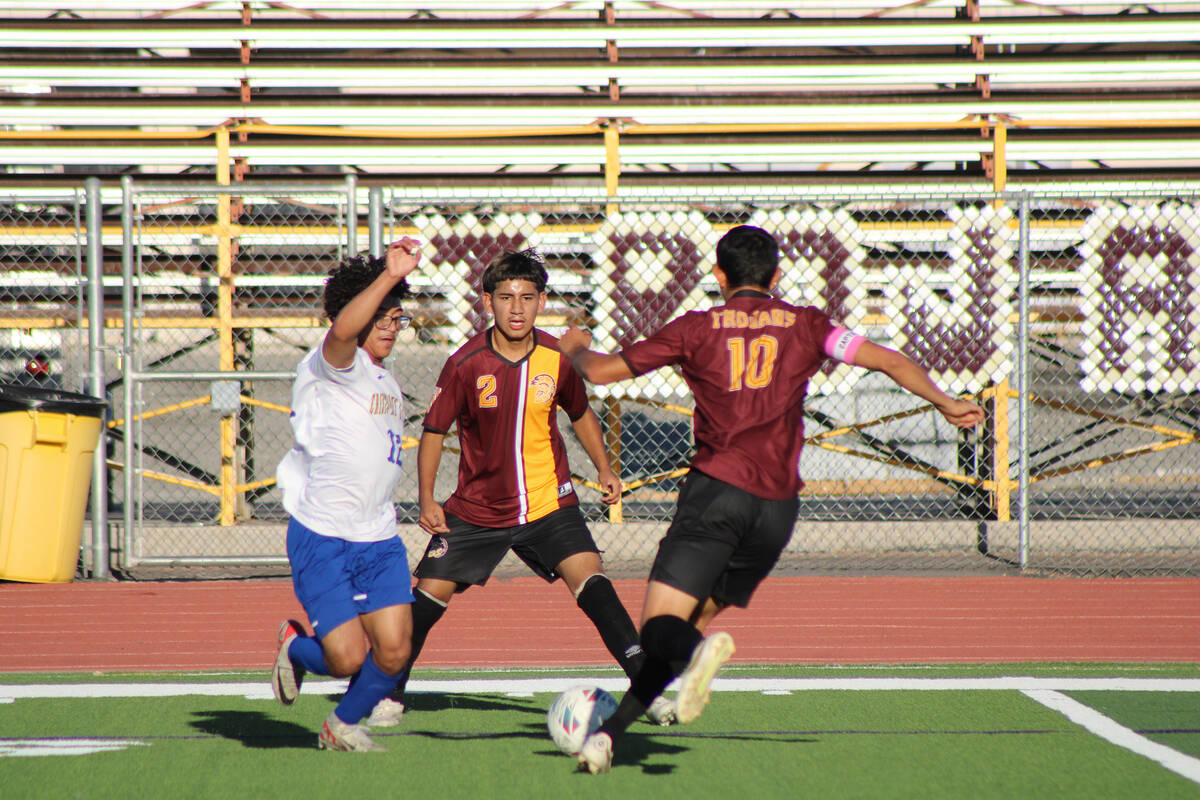 Pahrump Valley High School boys soccer sophomore midfielder Joan Cruz and senior defender Henry ...