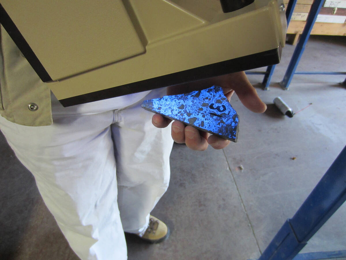 The tungsten ore known as scheelite fluoresces under UV light. This mineral is used for a varie ...