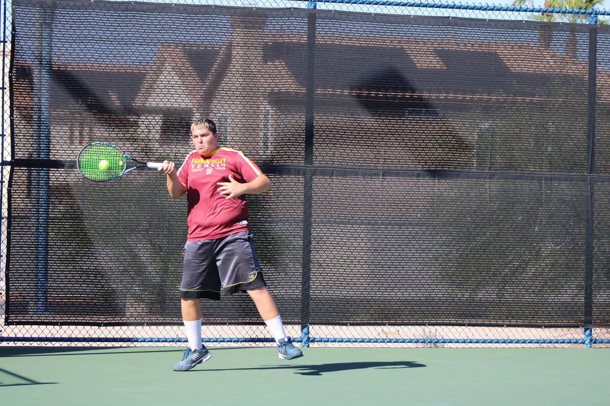 Pahrump Valley High School tennis's Lucas Johnson held his own against one of the states top si ...