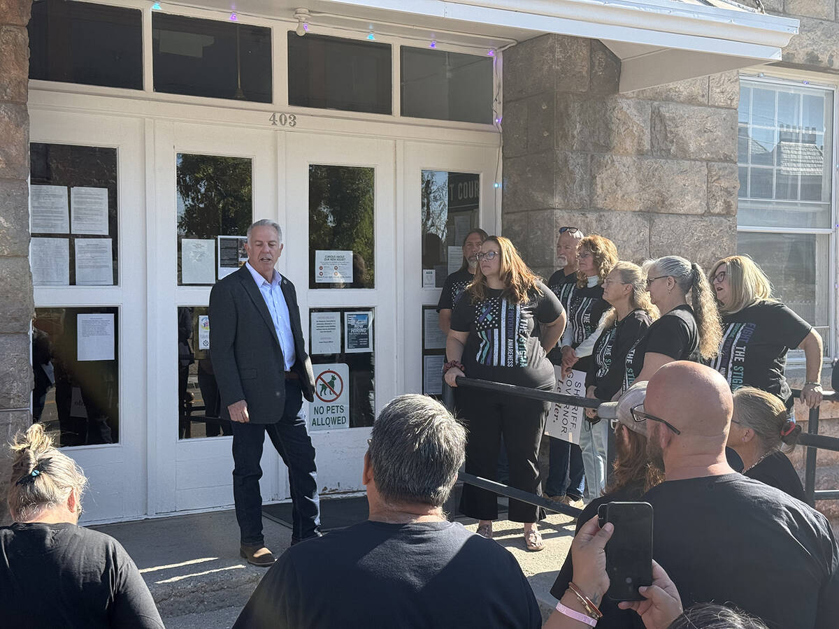 Republican Gov. Joe Lombardo first stopped in Goldfield on Tuesday at 9 a.m. to speak with a cr ...