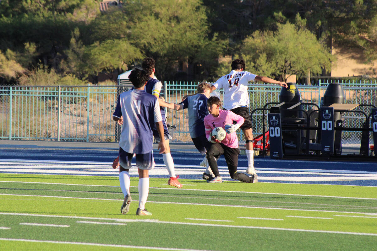Pahrump Valley High School senior goalkeeper Cayden Cowley recorded four saves on the road in t ...