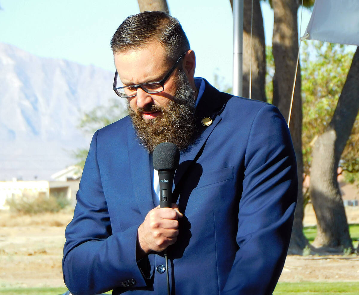 Nevada Assemblyman Greg Hafen II speaks to the crowd at the Pahrump Valley Rotary Club's 9/11 M ...