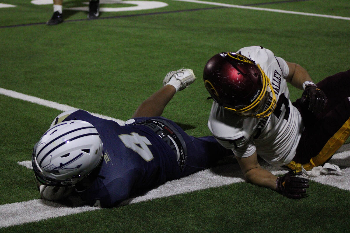 Pahrump Valley High School junior wideout Ryan Hamlin finished making the tackle on Cheyenne Hi ...