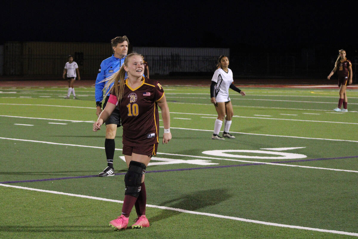 Pahrump Valley High School girls soccer senior co-captain Aubrey Williams takes a minute to cat ...
