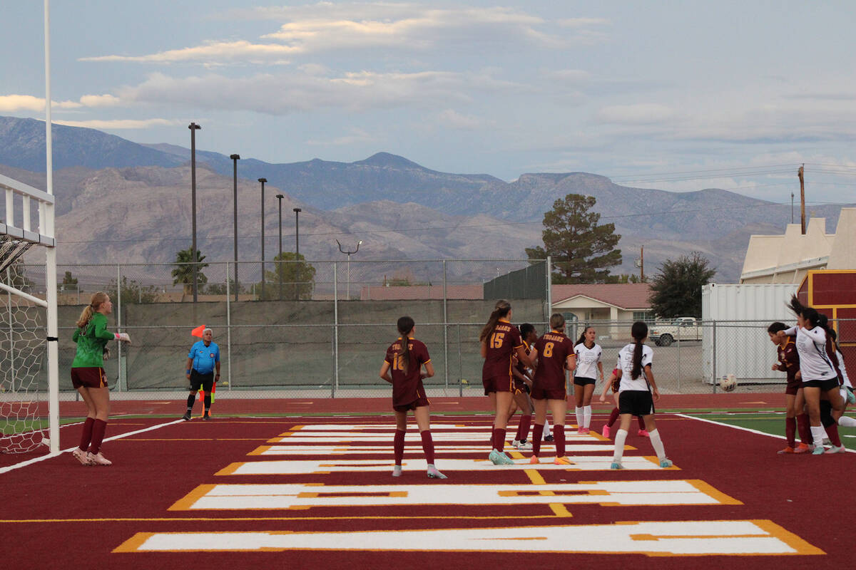 The Pahrump Valley High School varsity girls soccer team attempts to stop an incoming corner ki ...