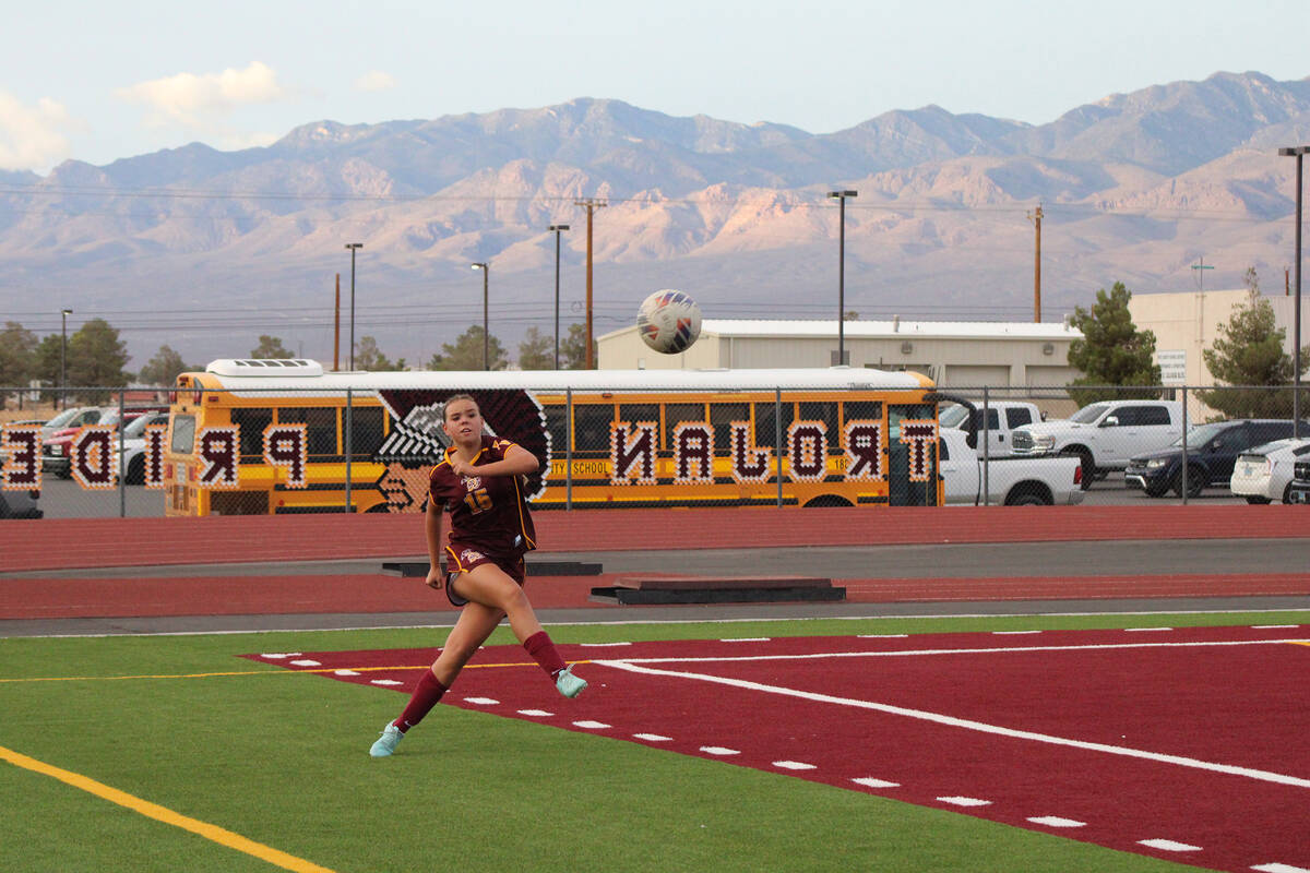 Pahrump Valley High School girls soccer sophomore Cindal Monahan sends a nice ball out during a ...