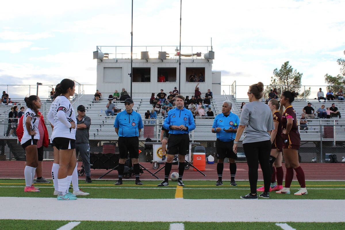 Pahrump Valley High School girls soccer head coach Amy Carlson is joined alongside co-captains ...