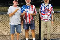 Nevada State Horseshoe Pitching Association pitchers Mark Kaczmarek (left), Jim Magda (middle) ...
