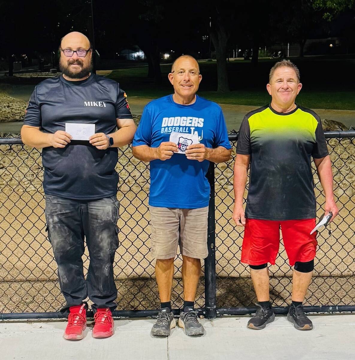 Nevada State Horseshoe Pitching Association pitchers Mikey Workman (left), Ron Gonzales (middle ...