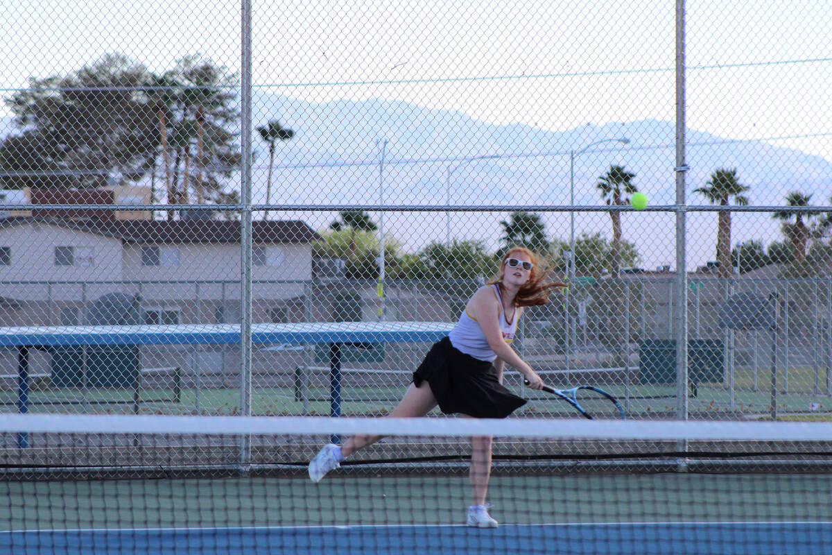 Pahrump Valley High School sophomore Nyomi Skinner won her opening singles set on the road agai ...