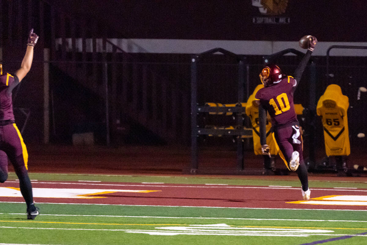 Pahrump Valley High School junior WR/S Lucas Gavena takes a pick-six to the house in the openin ...