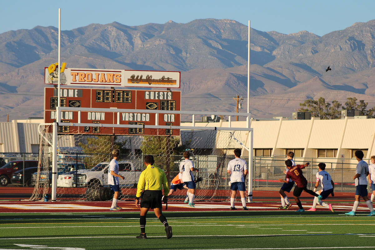 PVHS boys soccer junior midfielder Ryan Nunez Manzo attempts a shot on goal in a home league ma ...