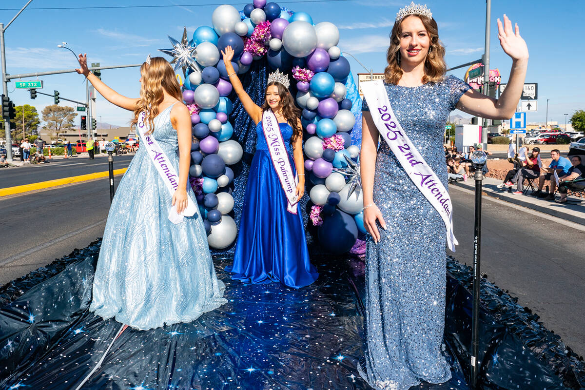 The 2025 Miss Pahrump Court, dressed in their glamorous gowns and pageant sashes, wave to the s ...