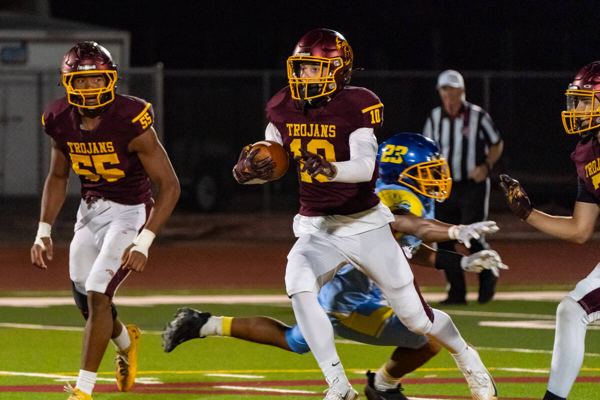 PVHS junior WR/S Lucas Gavenda gains some yards after catch during the Trojans homecoming leagu ...