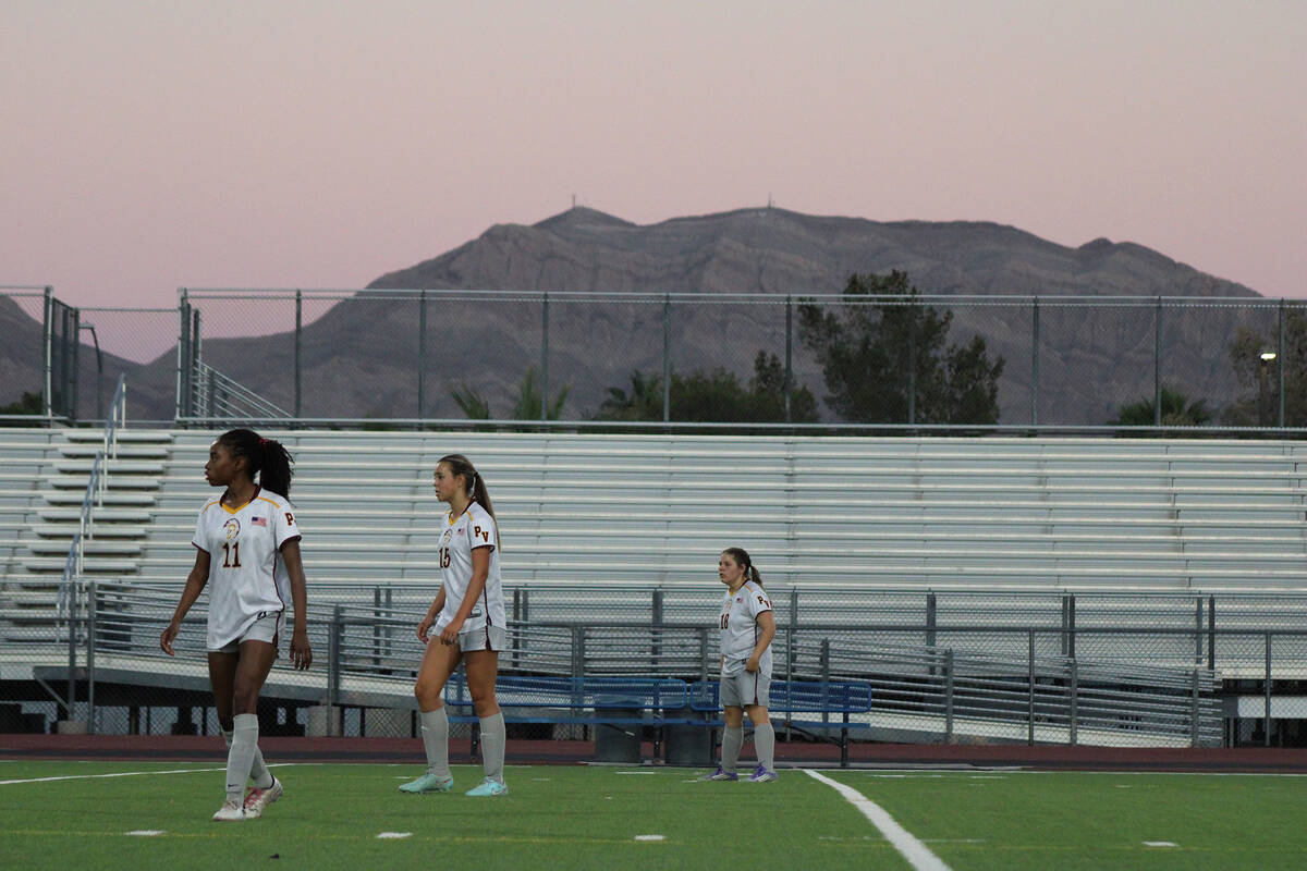 Pahrump Valley High School girls soccer players senior Diona Nixon (left), sophomore Cindal Mon ...