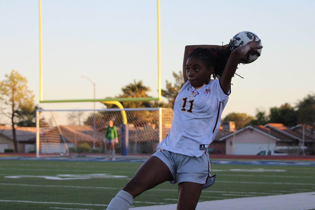 PVHS girls soccer senior Diona Nixon prepares for a throw in against Desert Pines High School i ...