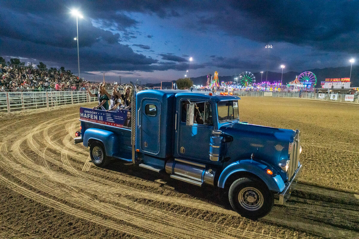 Assemblyman Gregory Hafen II drives his Pahrump-produced Manse truck around the rodeo arena bef ...