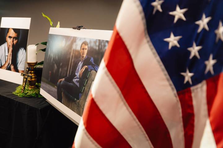 A table was set up for a vigil for right-wing activist Charlie Kirk at the Nevada Republican Cl ...