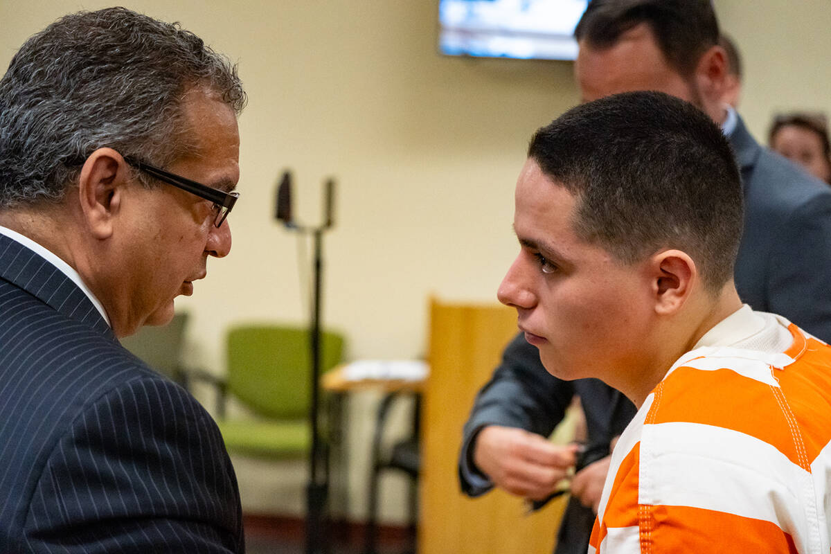 Suspect Anthony Aguilar consults with his attorney Christopher R. Oram. (John Clausen/Pahrump V ...