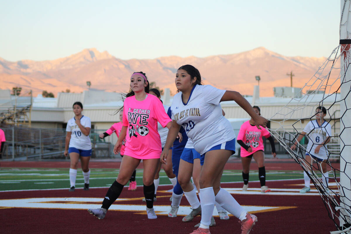 Pahrump Valley High School girls soccer junior Juliana Shepard-Lopez prepares to receive an inc ...