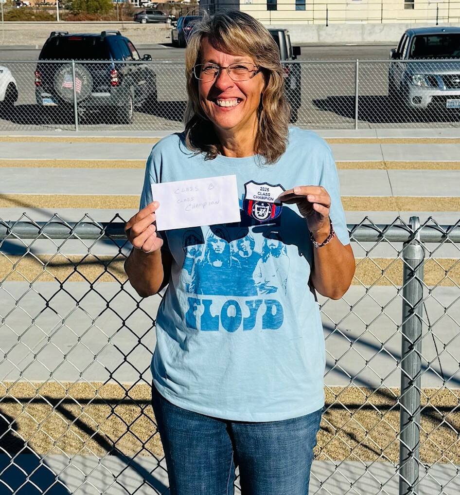 NSHPA Class B pitcher Michelle Wilcox celebrates her victory during the Best of the West Horses ...