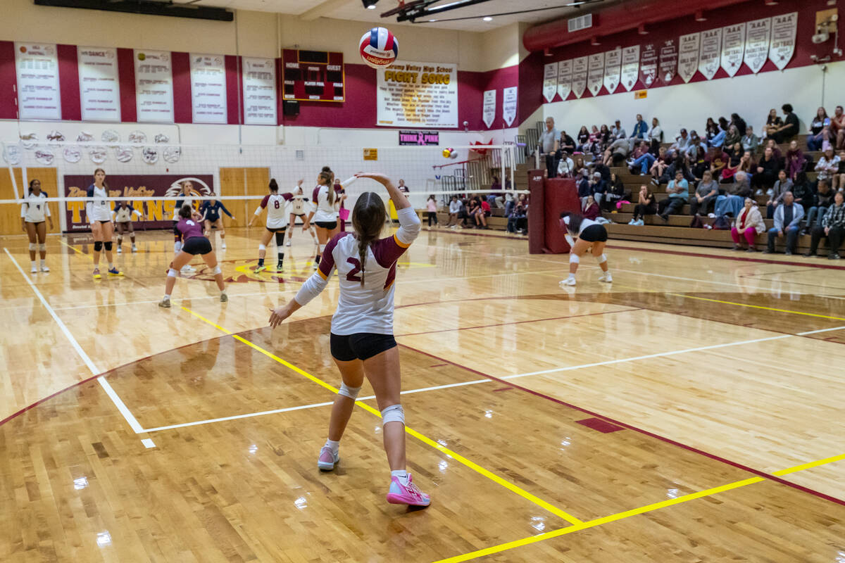 Pahrump Valley High School girls volleyball senior Myah Krolczyk serves a ball to the Meadows d ...