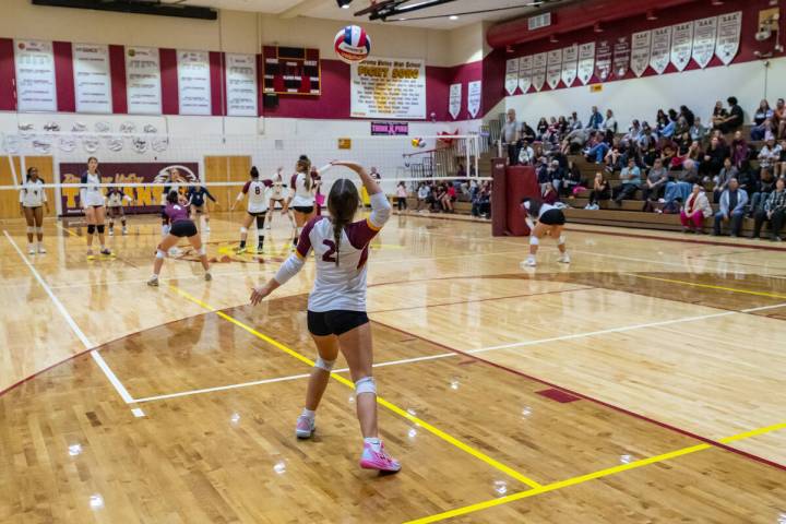 Pahrump Valley High School girls volleyball senior Myah Krolczyk serves a ball to the Meadows d ...