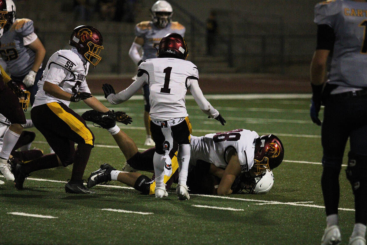 PVHS junior TE/DE Gideon Wydick makes the tackle on Boulder City's RB Nathaniel Lewis in the Ea ...
