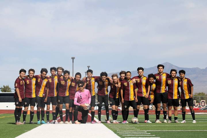 The Pahrump Valley High School boys soccer varsity team proudly gets together before their Clas ...