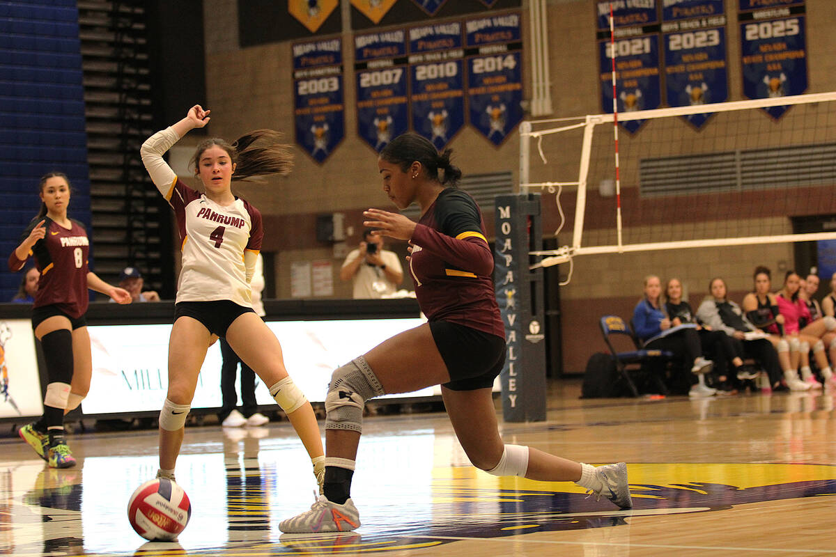 PVHS volleyball players Heavenly Ware, Sedona Norton and Xe'ane Kamanu watch a ball land in bet ...